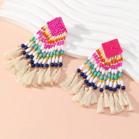 Boho  Bead & Tassel Drop Earrings - Picture 3 of 5